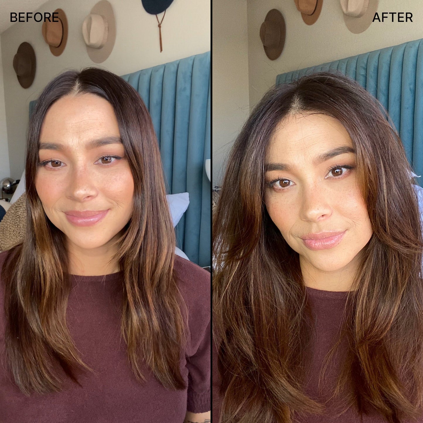 Before & after of a model with fine, limp hair and then thick, voluminous hair.