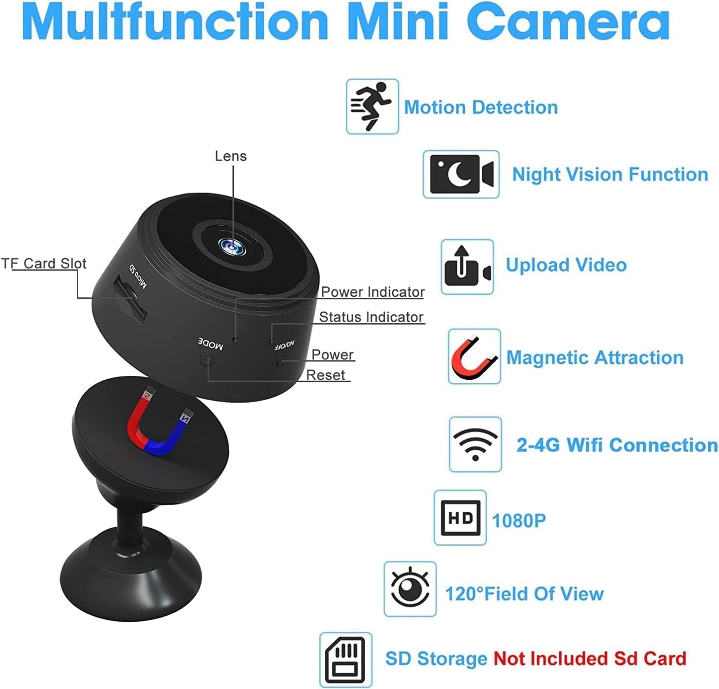 HD Mini Camera Wireless WiFi 1080P Home Security Nanny IP Ball Cam with Motion Detection Night Vision Camera (magnets)