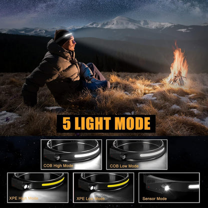 LED Motion Sensor Waterproof Head Torch USB Rechargeable Headlamp Flashlight